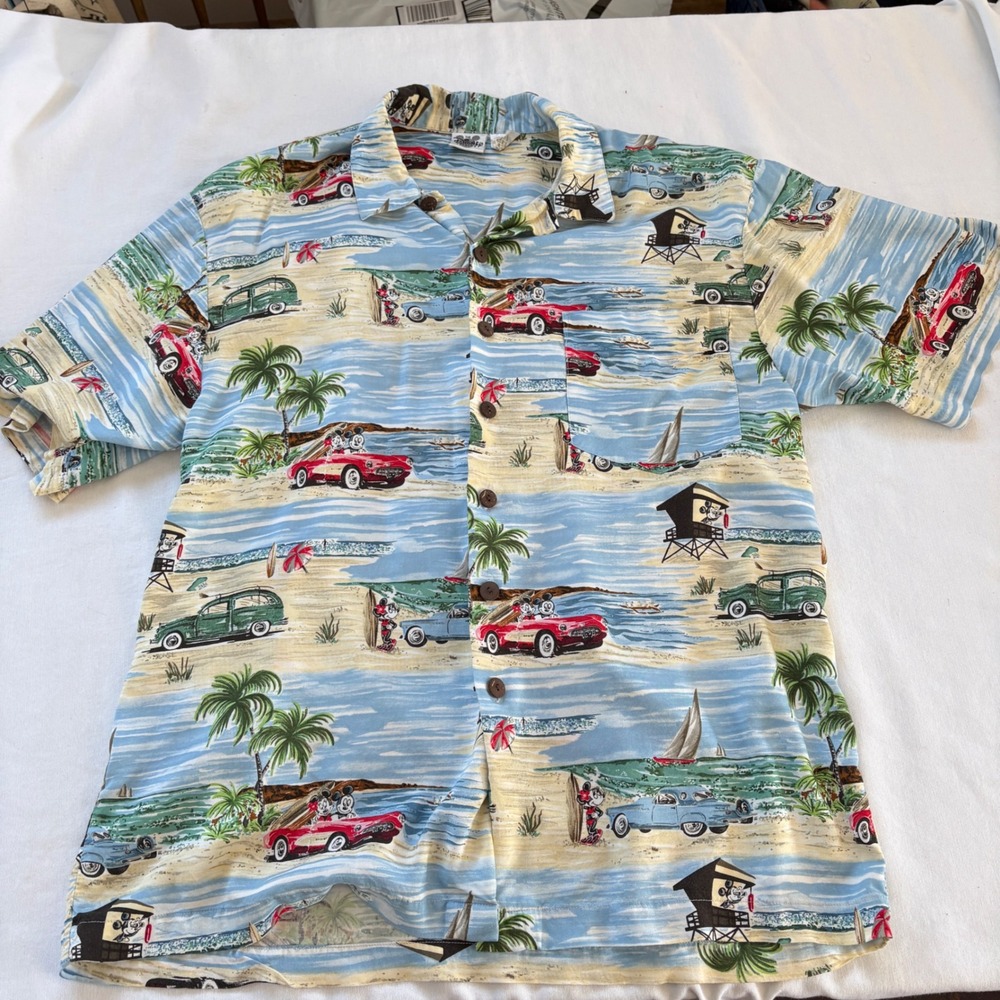 Disney Catalog‎ Mickey Minnie Mouse Beach Hawaiian Shirt Rayon Mens Large Blue